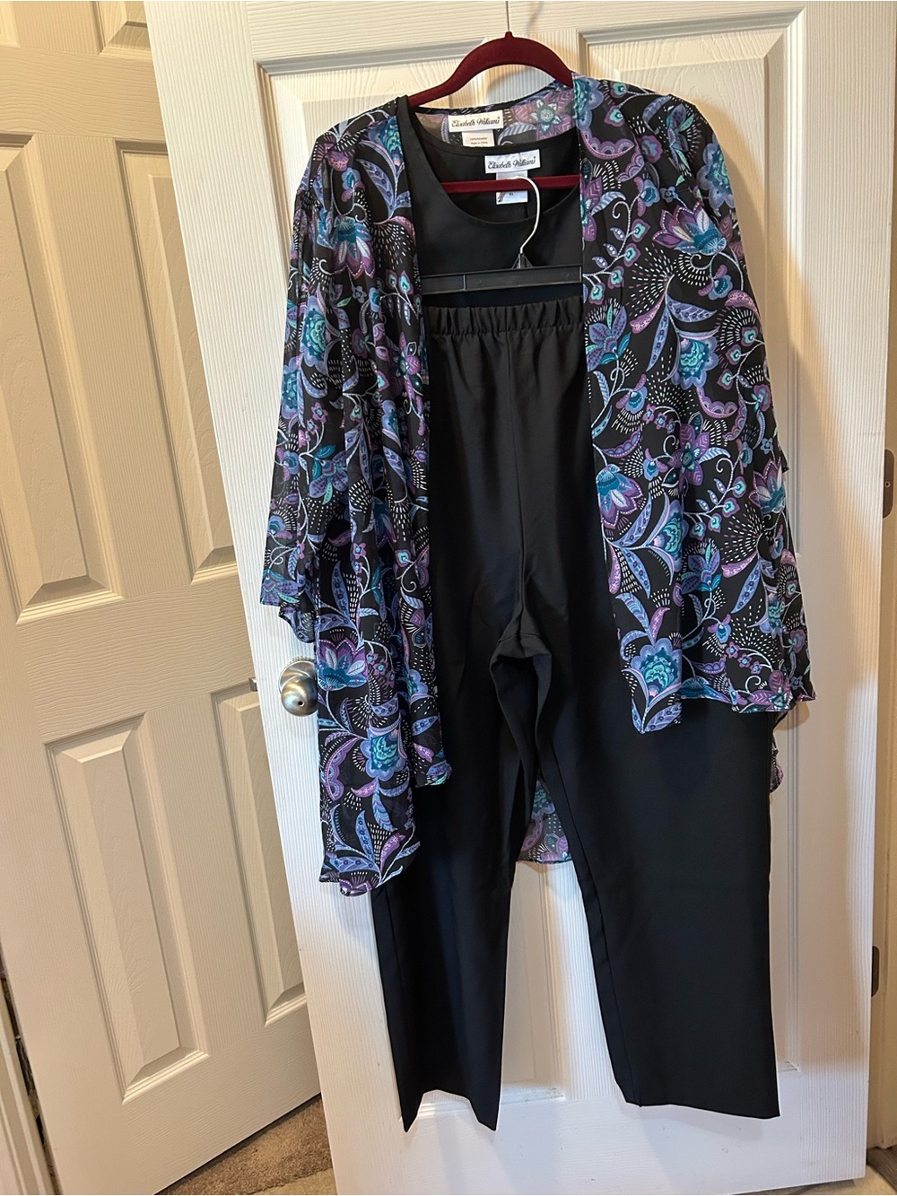 Elisabeth Williams XL Multicolor Floral Duster, Black Tank & Black Pants Set NEW